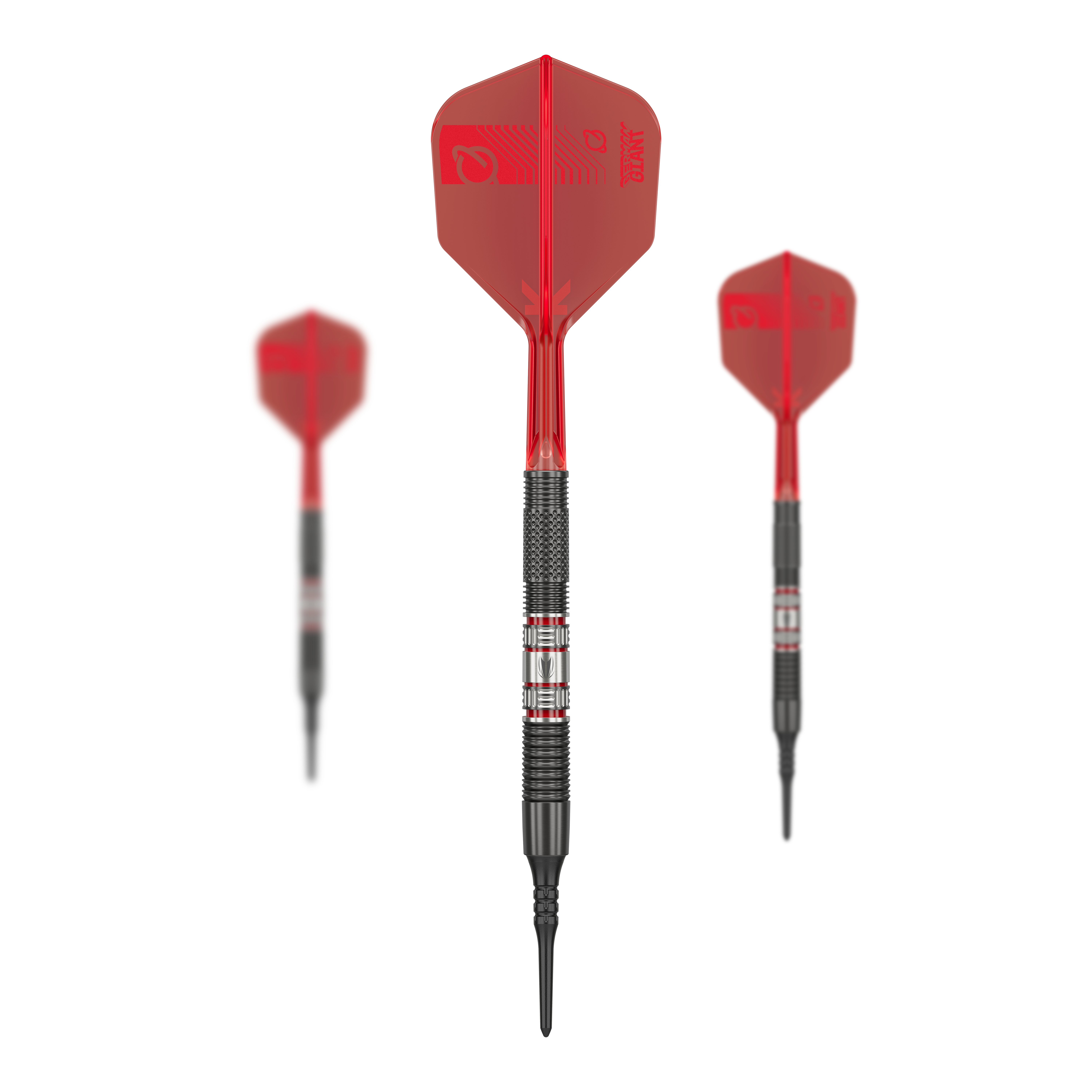Das Bild zeigt drei Softdarts des Modells "Target Gabriel Clemens 95K Softdarts - 19g". Die Darts haben rote Flights und einen silber-schwarzen Barrel mit markanten Rillen.